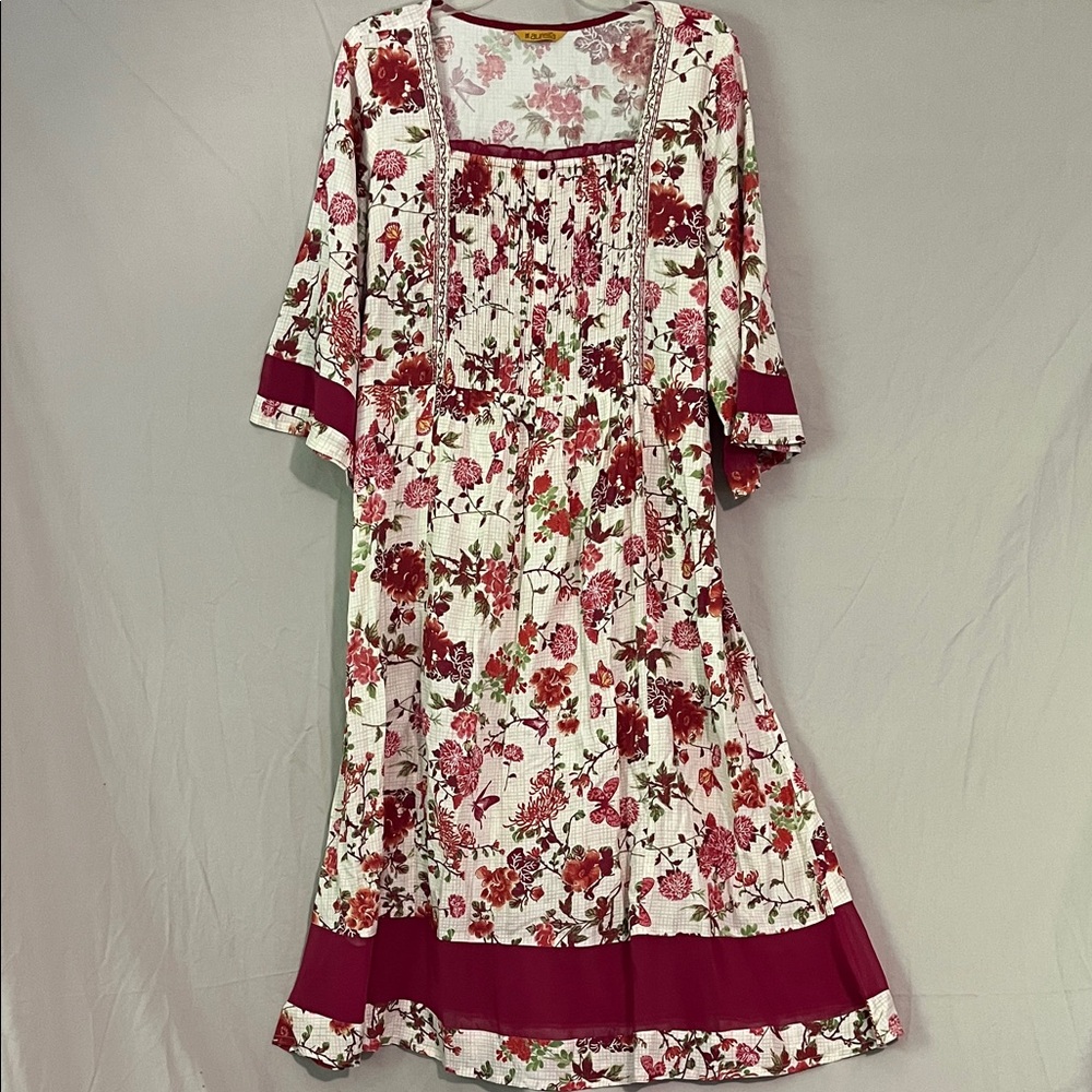 Aurelia Floral Print Boho Dress with Burgundy Accents Sz XXL